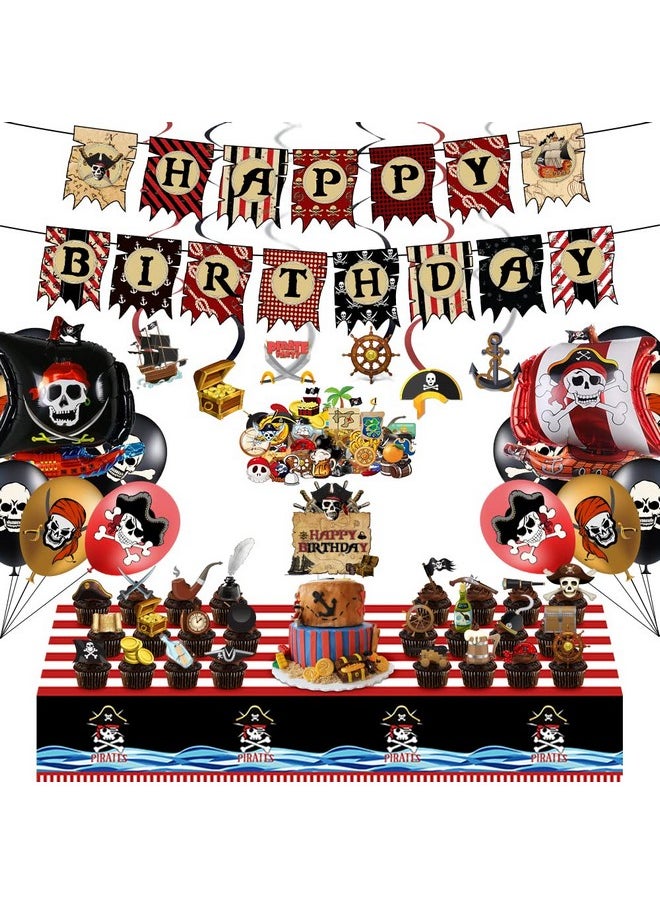 Pirate Birthday Party Decorations Happy Birthday Pirate Theme Party Set Total 103PCS, Include Happy Birthday Banner Cake Cupcake Toppers Hanging Swirls Balloons Table Cover for Kids Boys Birthday