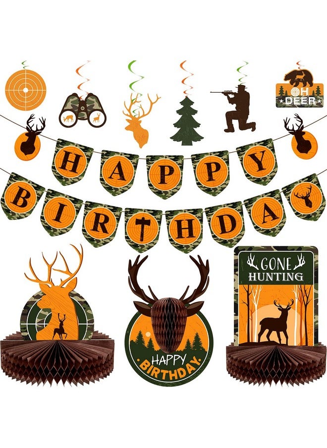 16 Pcs Hunting Birthday Party Decorations Deer Hunting Birthday Party Decorations Camo Birthday Party Decoration Include Hunting Banner Deer Table Centerpiece Honeycomb for Gone Hunting Party Supplies