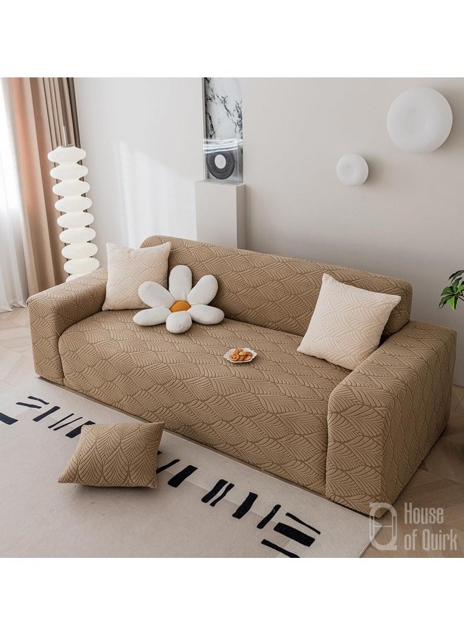 House of Quirk Universal Double Seater 220 GSM Jacquard Leaf Texture Fabric Sofa Cover Soft Touching Cover for Couch Flexible Stretch Sofa Slipcover (Camel, 145-185cm)