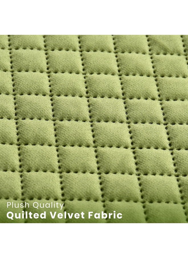 Yellow Weaves Velvet 5 Seater Self Design Quilted Sofa Cover And Chair Cover, Seat & Back Cover, Color - Pea Green