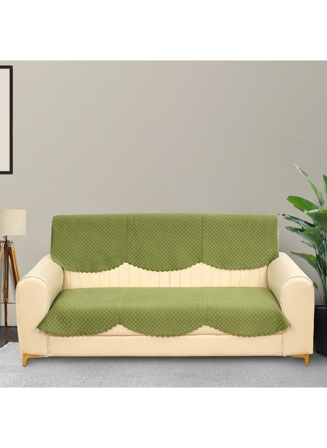 Yellow Weaves Velvet 5 Seater Self Design Quilted Sofa Cover And Chair Cover, Seat & Back Cover, Color - Pea Green