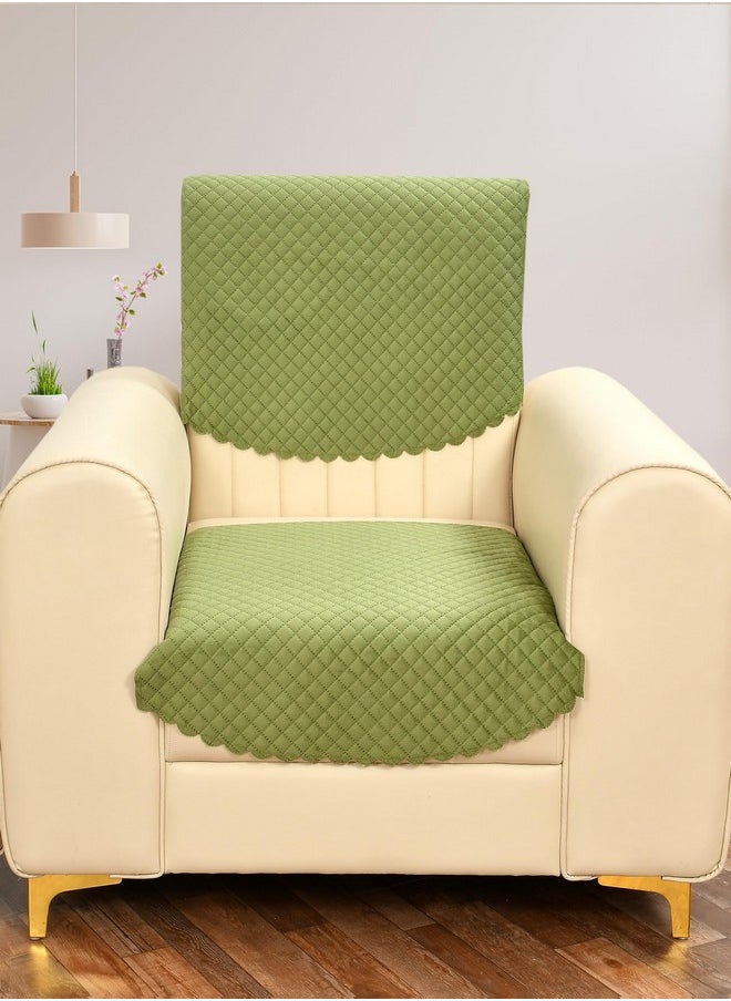 Yellow Weaves Velvet 5 Seater Self Design Quilted Sofa Cover And Chair Cover, Seat & Back Cover, Color - Pea Green