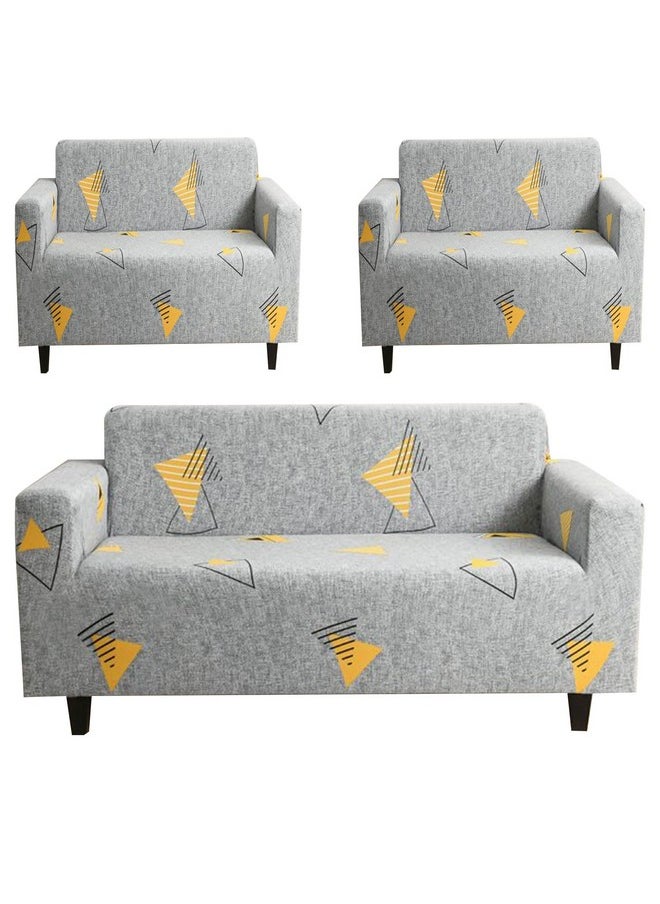 House of Quirk Universal 3 Piece Sofa Covers Couch Slipcover Stretch Elastic Sofa Couch Furniture Protector 1 Three Seater 2 One Seater Sofa Cover (3+1+1 Seater, Grey Yellow Triangle)