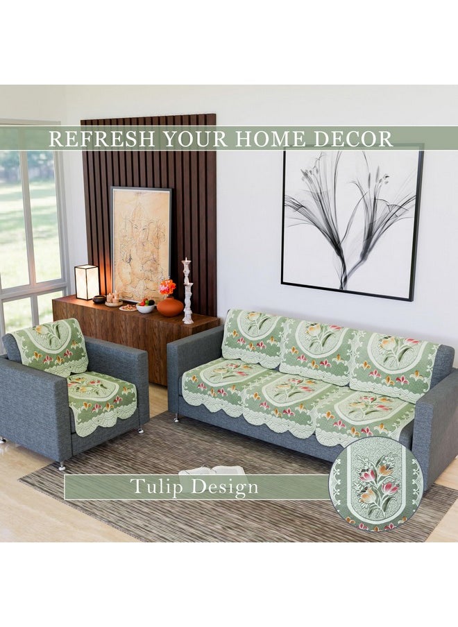 Kuber Industries Sofa Cover | Net Sofa Slipcover Set | 5 Seater Sofa Cover for Hall | Couch Sofa Cover Set | Sofa Cover for Home | Sofa Cover for Living Room | Tulip Printed | Green