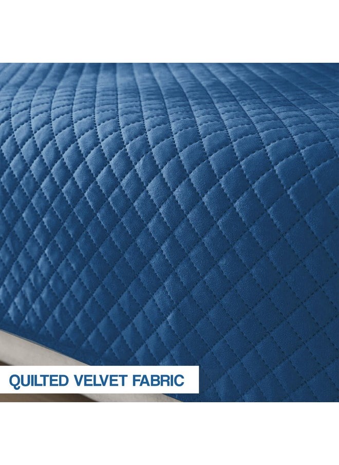 Yellow Weaves 3 Seater Box Design Quilted Velvet Sofa Cover Protector, 1 Piece, Blue