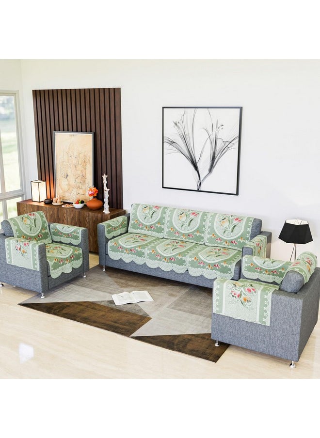 Kuber Industries Sofa Cover | Net Sofa Slipcover Set | 5 Seater Sofa Cover with Arms for Hall | Couch Sofa Cover Set | Sofa Cover for Hall & Living Room D�cor | Tulip Printed | Green