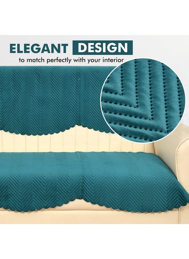 Yellow Weaves Velvet 3 Seater Quilted Sofa Cover, Seat & Back Cover, Color - Teal Blue