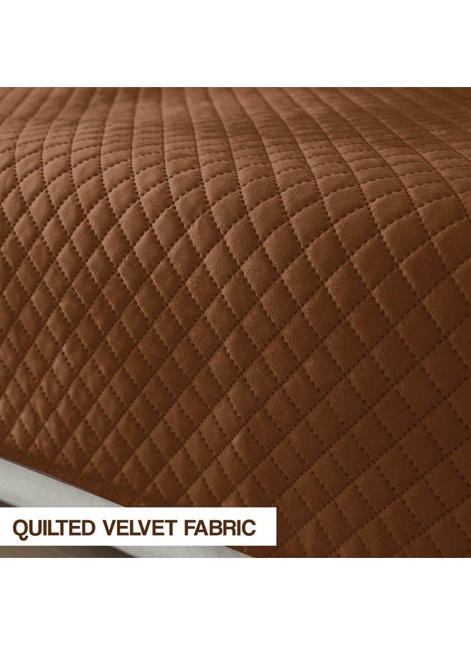 Yellow Weaves 3 Seater Box Design Quilted Velvet Sofa Cover Protector, 1 Piece, Dark Brown