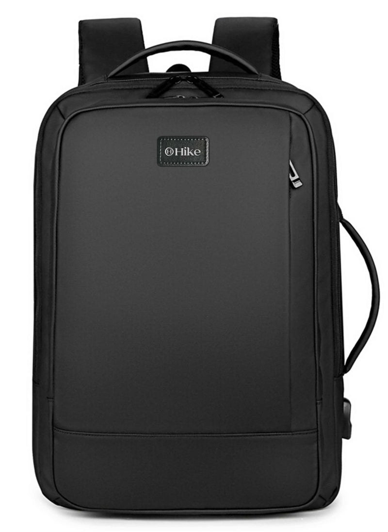 Hike Premium Durable Shoulder Backpack Water Resistant Two-Way Loader Expandable Casual Daypack with Built in USB Port for Men and Women, HK1905-BLACK