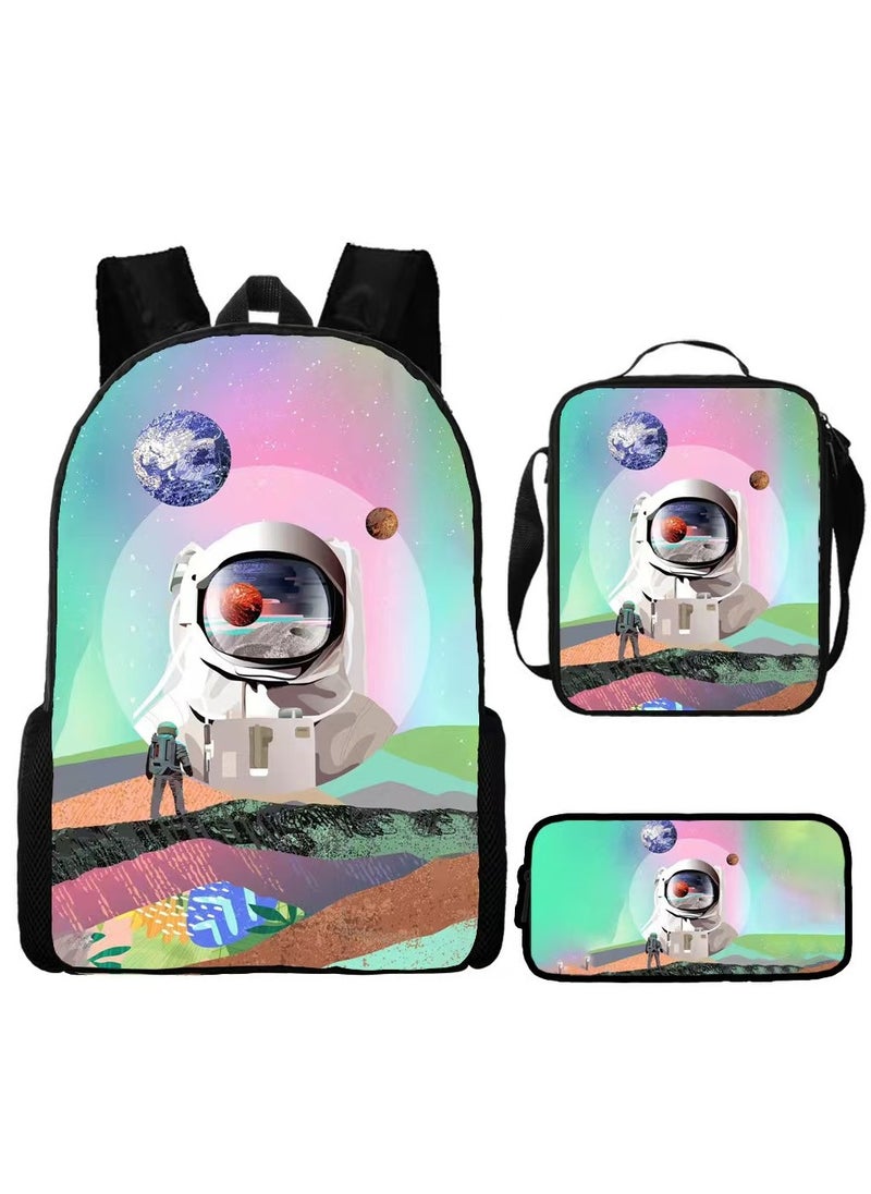 Printed backpack polyester schoolbag large-capacity cross-body bag student-Y02-Spacewalker (universal standard three-piece set)