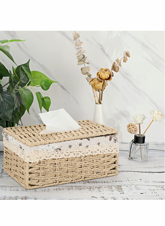 Woven Rectangular Tissue Box Cover Decorative Natural Paper Rope Tissue Box Vintage Facial Tissue Holder