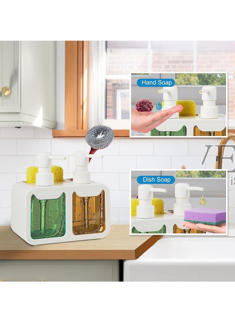 TARZ Kitchen Hand Soap and Dish Soap Dispenser Set, Dual Soap Dispenser with Sponge Caddy and Brush Holder 4-in-1 Organizer for Kitchen Sink Countertop, Useful Kitchen Gadgets