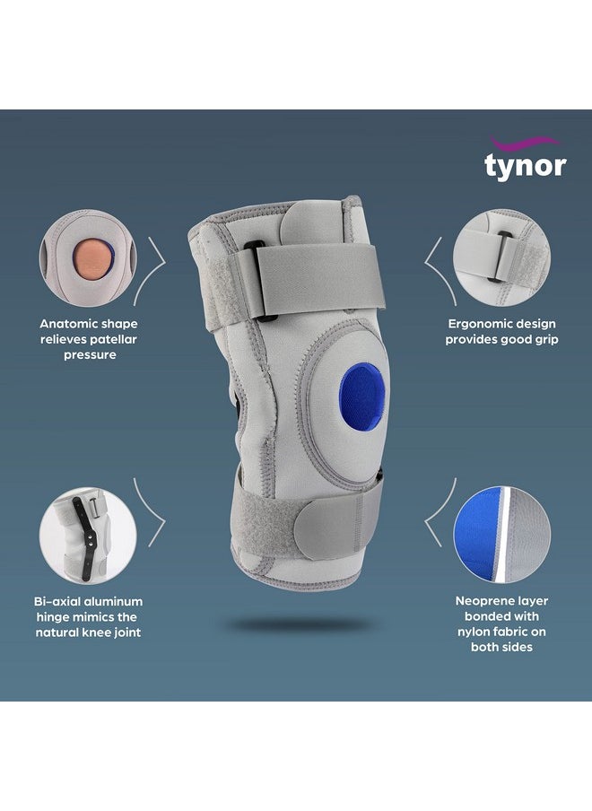 Tynor Knee Support Hinged (Neoprene), for Joint Stability & Pain Relief | for Sports, Gym Supports Injury Recovery | Durable & Comfortable, For Men & Women | 1 Unit (Grey, Medium)