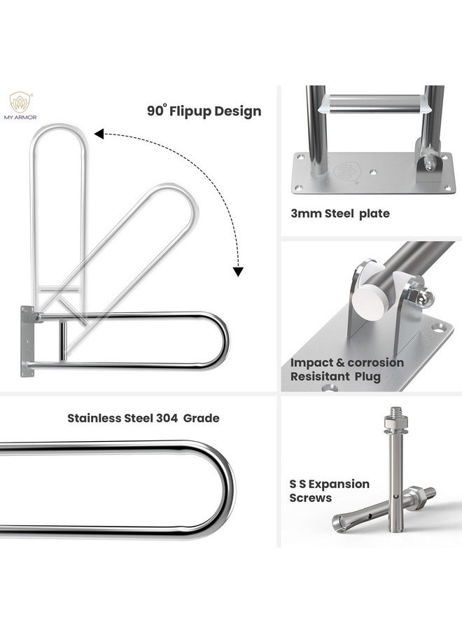 MY ARMOR SS 304 Heavy Duty Flip Up Grab Bar for Bathroom, Stainless Steel Toilet Handrails Safety Bar Hand Support, Bathroom Handle for Senior Citizens, 24 Inches Long
