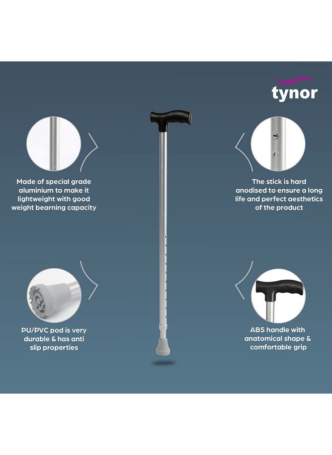 Tynor Walking Stick L type, Anti-Slip Base for Stability & Support with Ergonomic Grip Handle | Adjustable Height Walking Aid for Elderly | Lightweight for Men & Women, Universal Size (Silver, 1 Unit)