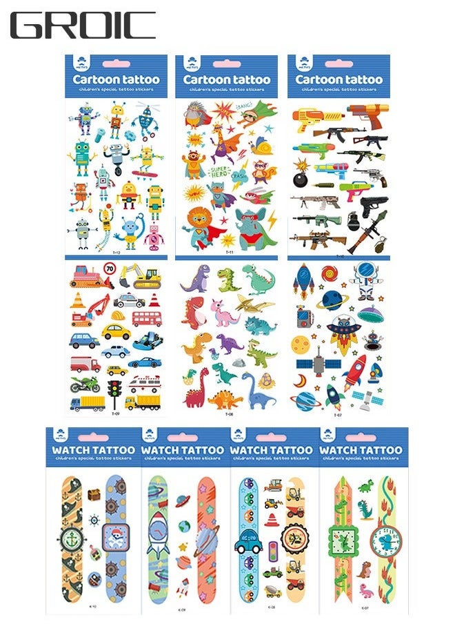 102 Pcs Temporary Tattoos and 4 Sheets Watch Fake Tattoo Stickers, Cartoon Waterproof Body Sticker for Space Animal Car Theme Decorations Favor Party Supplies