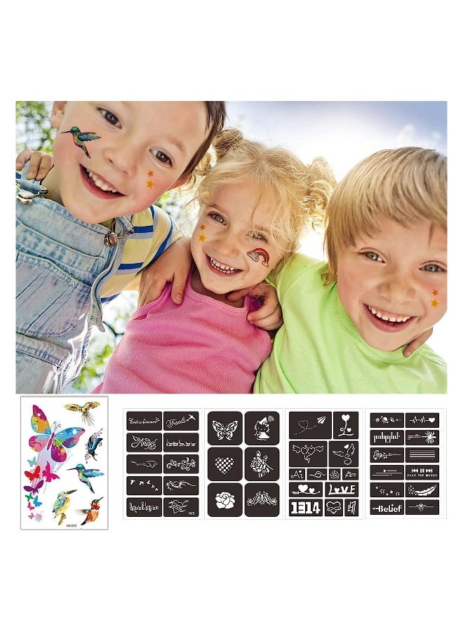 Temporary Glitter Tattoo Kit for Kids with 30 Glitter Colors, 6 Fluorescent Colors, 119 Unique Stencils, 3 Body Glue, 5 Brushes, Arts Glitter Make Up Set for Birthdays Party Favor Supplies