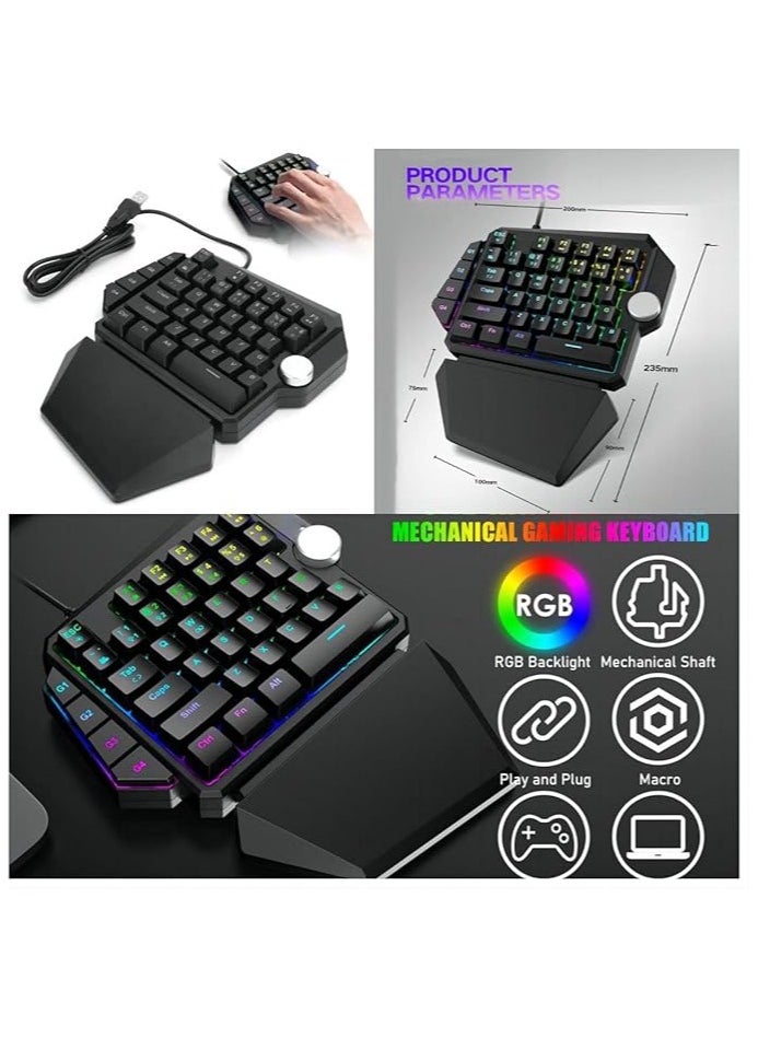 One Handed Gaming Mechanical Keyboard, RGB Backlight Single Hand Ergonomic E-Sports Game Keypad, 44 Keys for Desktop Notebook Tablet Game Console, Programmable Keys Multimedia Knob Keyboard