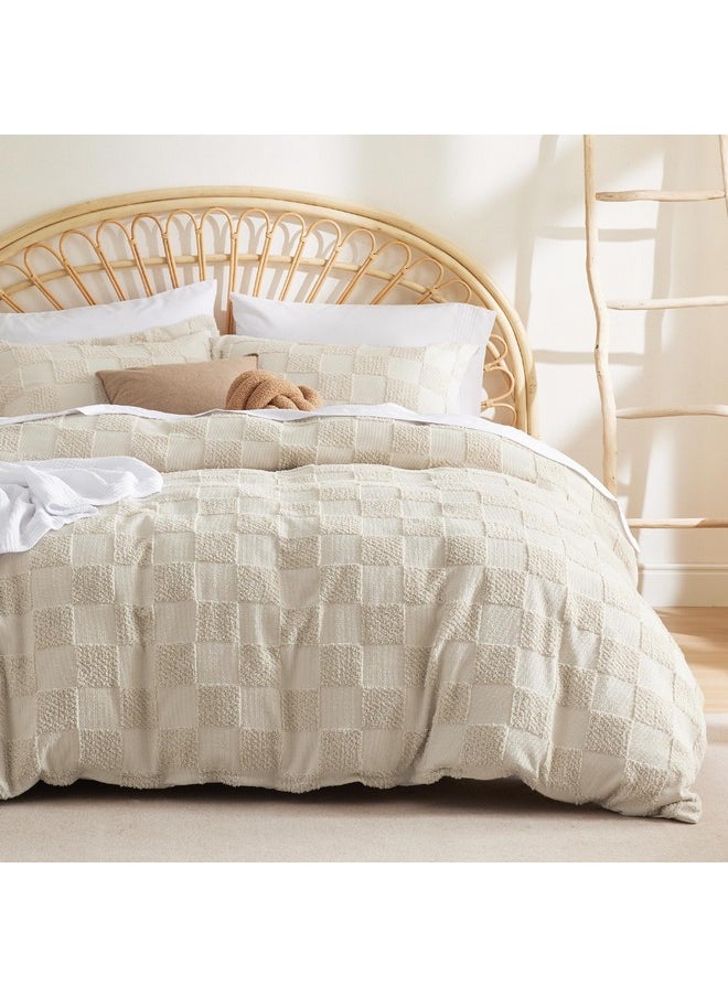 Bedsure Boho Duvet Cover - Boho Bedding Duvet Cover Set for All Seasons, Shabby Chic Jacquard Duvet Cover (Beige,Checkered,King Size,104