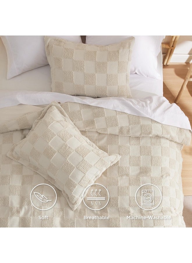 Bedsure Boho Duvet Cover - Boho Bedding Duvet Cover Set for All Seasons, Shabby Chic Jacquard Duvet Cover (Beige,Checkered,King Size,104