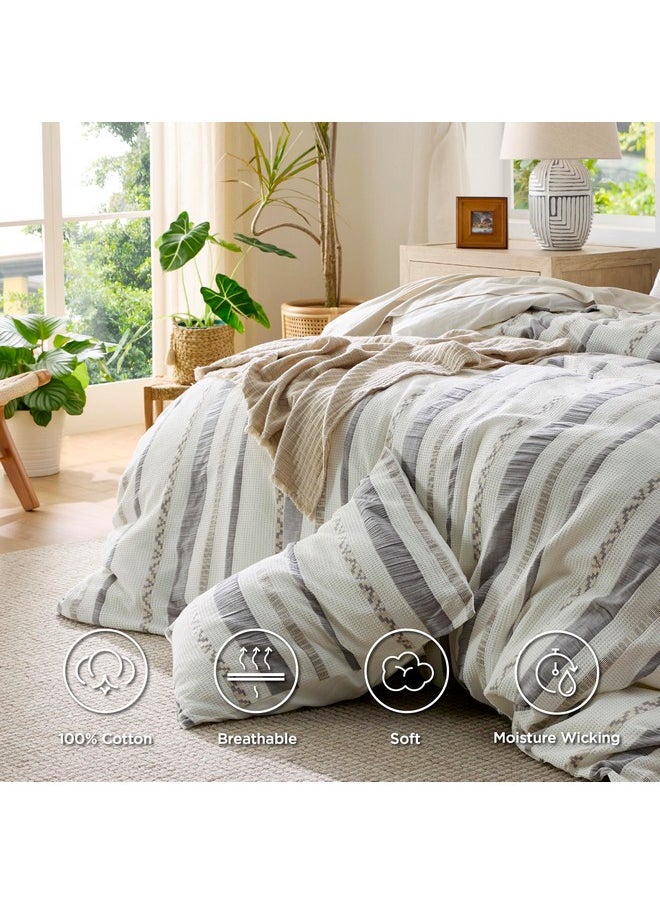 Bedsure Waffle Weave Duvet Cover Queen - 100% Cotton Boho Duvet Cover Set with 2 Pillowcases - Extra Soft Cream White Textured Comforter Cover with Zipper Closure (Queen, 90
