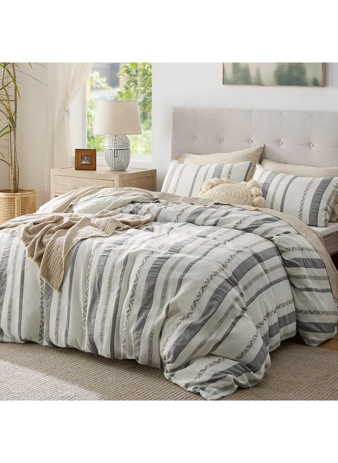 Bedsure Waffle Weave Duvet Cover Queen - 100% Cotton Boho Duvet Cover Set with 2 Pillowcases - Extra Soft Cream White Textured Comforter Cover with Zipper Closure (Queen, 90