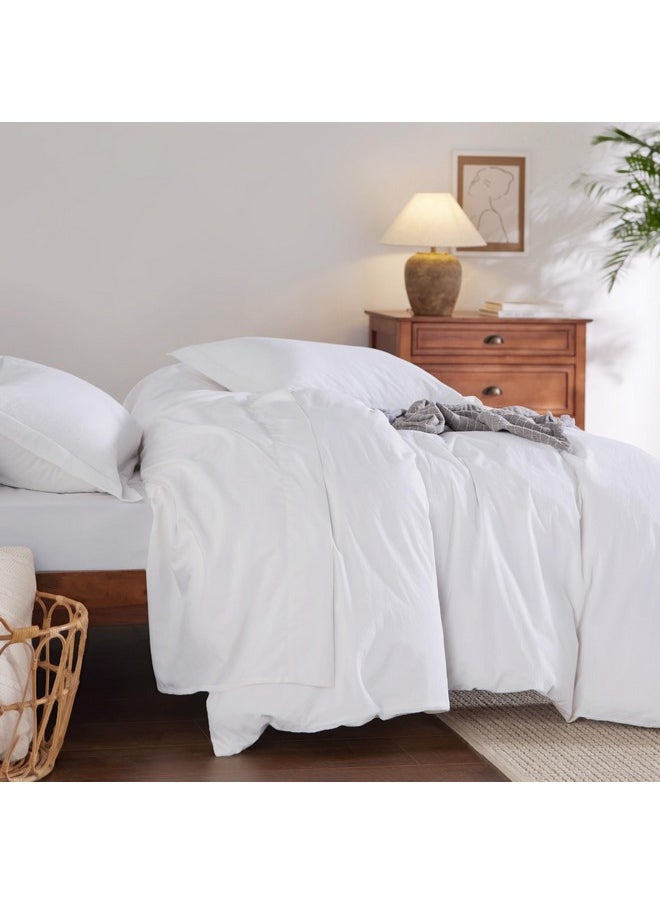 Bedsure 100% Washed Cotton Duvet Cover Queen - Bright White Minimalist Duvet Cover Linen Like - 3 Pieces Plain Simple Cotton Duvet Cover Set with 2 Pillow Shams (Bright White, Queen, 90