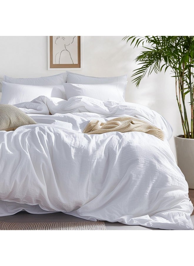 Bedsure 100% Washed Cotton Duvet Cover Queen - Bright White Minimalist Duvet Cover Linen Like - 3 Pieces Plain Simple Cotton Duvet Cover Set with 2 Pillow Shams (Bright White, Queen, 90