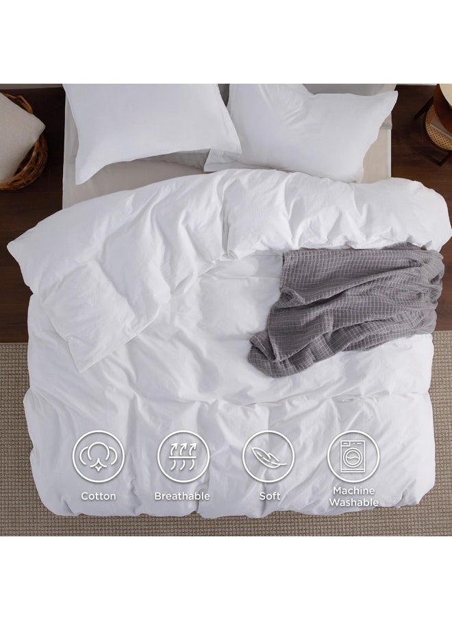 Bedsure 100% Washed Cotton Duvet Cover Queen - Bright White Minimalist Duvet Cover Linen Like - 3 Pieces Plain Simple Cotton Duvet Cover Set with 2 Pillow Shams (Bright White, Queen, 90