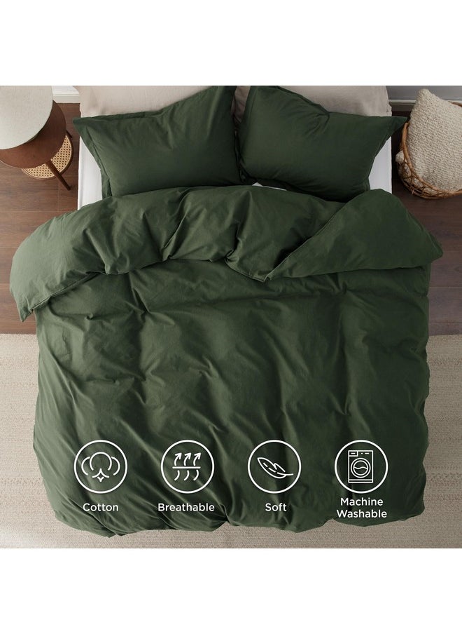 Bedsure 100% Washed Cotton Duvet Cover Queen - Olive Green Minimalist Cotton Duvet Cover Linen Like - 3 Pieces Plain Simple Cotton Duvet Cover Set with 2 Pillow Shams (Olive Green, Queen, 90