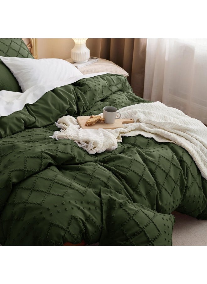 Bedsure Boho Duvet Cover Queen - Boho Bedding, Tufted Queen Duvet Cover for All Seasons, 3 Pieces Embroidery Shabby Chic Home Bedding Duvet Cover (Dark Green, Queen, 90x90)