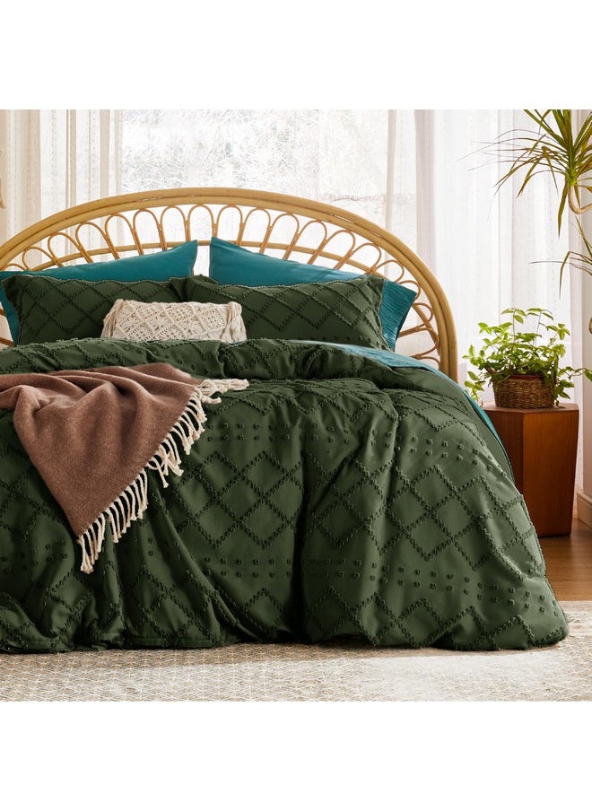 Bedsure Boho Duvet Cover Queen - Boho Bedding, Tufted Queen Duvet Cover for All Seasons, 3 Pieces Embroidery Shabby Chic Home Bedding Duvet Cover (Dark Green, Queen, 90x90)