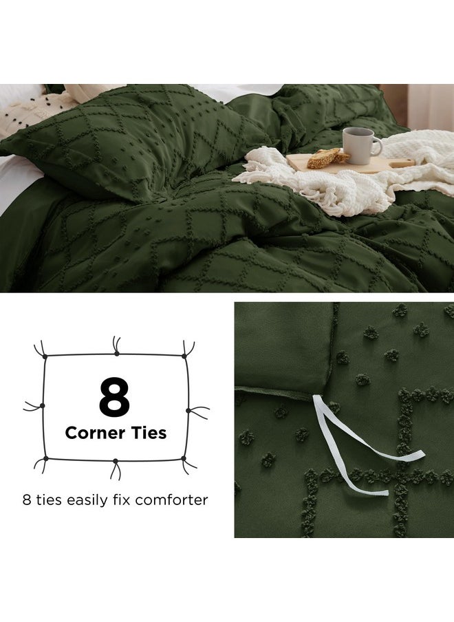 Bedsure Boho Duvet Cover Queen - Boho Bedding, Tufted Queen Duvet Cover for All Seasons, 3 Pieces Embroidery Shabby Chic Home Bedding Duvet Cover (Dark Green, Queen, 90x90)