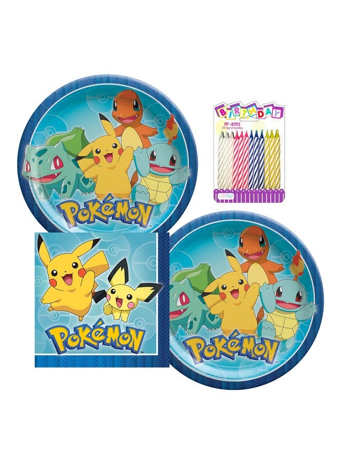 Pokémon Party Supplies Pack Serves 16: Dinner Plates and Luncheon Napkins with Birthday Candles (Bundle for 16)