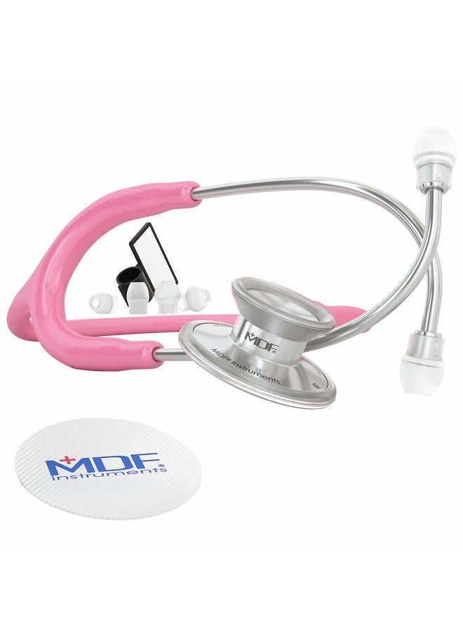 MDF Instruments, Acoustica Lightweight Stethoscope for Doctors, Nurses, Students, Home Health Use, Adult, Dual Head, Pink Tube, Silver Chestpiece-Headset, MDF747XP01