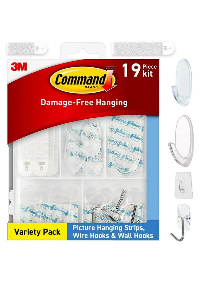 Command Clear Variety Pack, Including 8 Pairs of Picture Hanging Strips, 4 Clear Wire Hooks and 11 Wall Hooks for Hanging Christmas Decorations, Damage Free Hanging Up to 19 Items