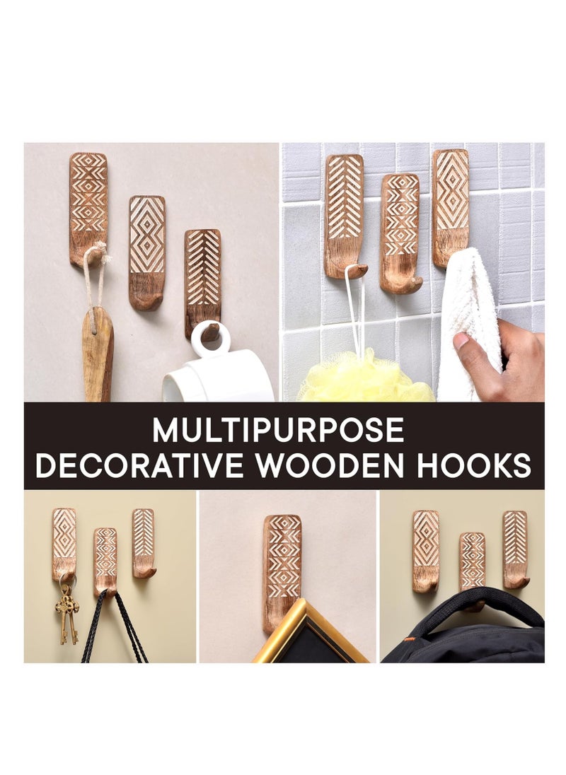 Accessorize Kingdom Indian Shelf 3 Pack No Damage Wood Wall Hooks- Wood Hangers -Sticky Coat Hooks Wall Mount- Towel Hooks For Bathroom Wall Mounted-Style1