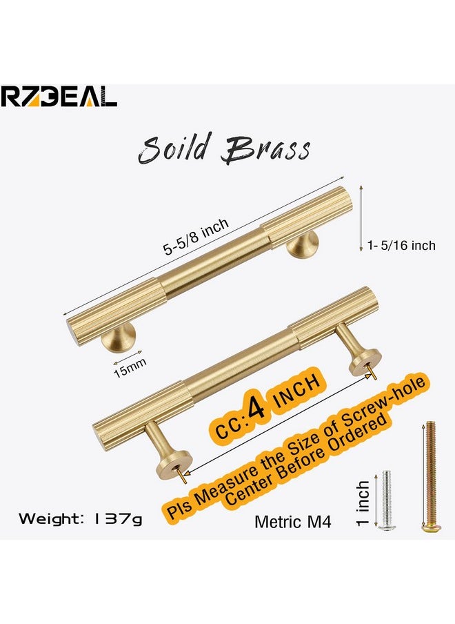 RZDEAL 4pcs Solid Brass Gold Cabinet Pulls, Euro Style T Bar Handles, 4-Inch Center to Center, 4-5/8 Inch Total Length for Kitchen Drawer Dresser Cupboard, Brushed Brass Finish