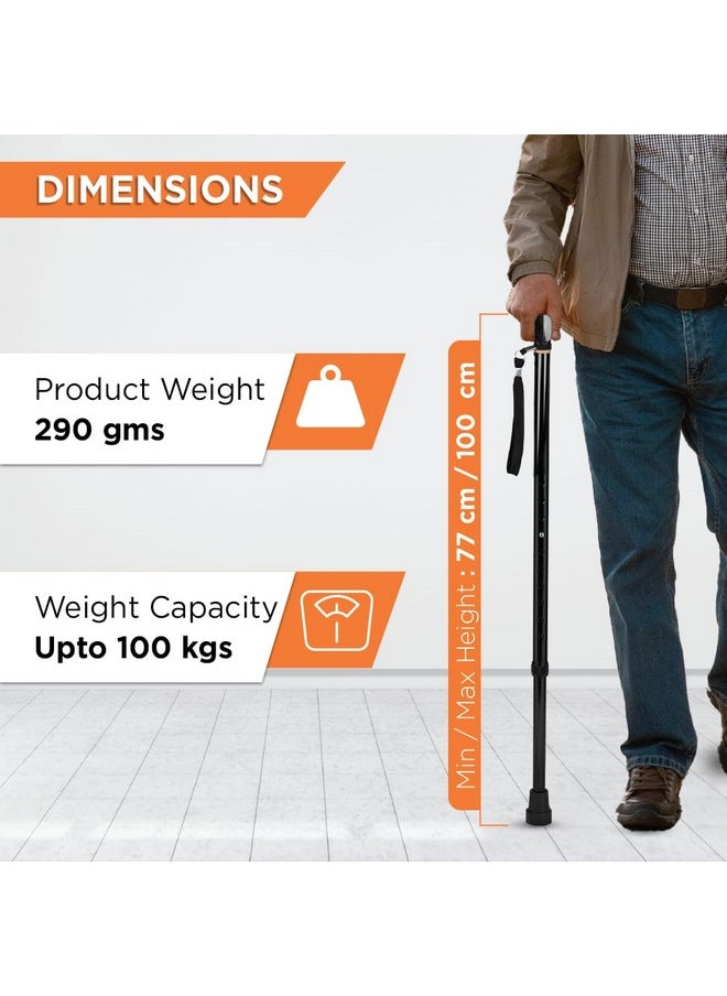Vissco Avanti T-Shaped Aluminum Walking Stick with Light Weight & Height Adjustable Walking Aid, for Elderly & Those Physically Challenged, Durable Soft Rubber Shoes for Grip - Universal (Black)