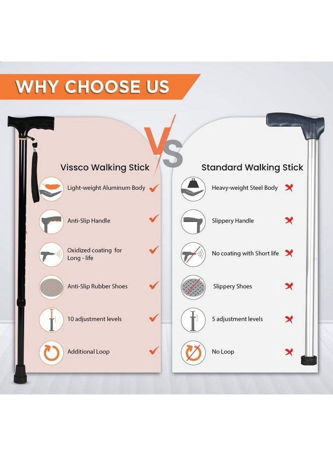 Vissco Avanti T-Shaped Aluminum Walking Stick with Light Weight & Height Adjustable Walking Aid, for Elderly & Those Physically Challenged, Durable Soft Rubber Shoes for Grip - Universal (Black)