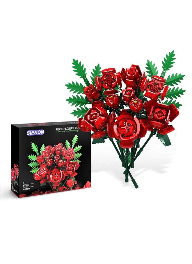 Rose Flower Building Set-10Pcs Rose Flowers & 2Pcs Leaves Botanical Collection, Artificial Flowers For Home Décor, Roses Bouquet Building Kit For Valentine’S Day Christmas Birthday Anniversary