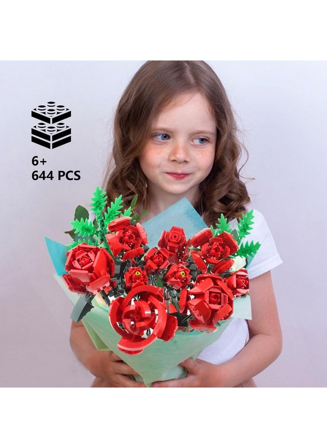 Rose Flower Building Set-10Pcs Rose Flowers & 2Pcs Leaves Botanical Collection, Artificial Flowers For Home Décor, Roses Bouquet Building Kit For Valentine’S Day Christmas Birthday Anniversary
