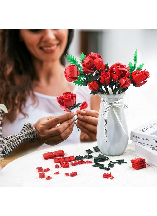 Rose Flower Building Set-10Pcs Rose Flowers & 2Pcs Leaves Botanical Collection, Artificial Flowers For Home Décor, Roses Bouquet Building Kit For Valentine’S Day Christmas Birthday Anniversary