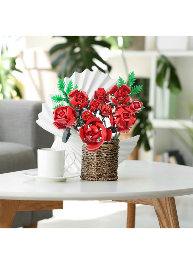 Rose Flower Building Set-10Pcs Rose Flowers & 2Pcs Leaves Botanical Collection, Artificial Flowers For Home Décor, Roses Bouquet Building Kit For Valentine’S Day Christmas Birthday Anniversary