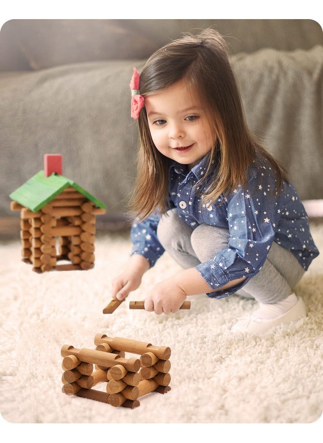 300 Pcs Wooden Log Cabin Set Building House Toy For Toddlers, Classical Stem Construction Kit Compatible With Lincoln Logs For 3+ Kids