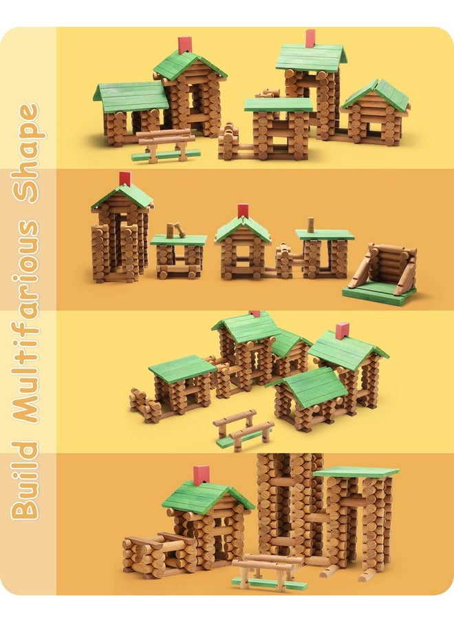 300 Pcs Wooden Log Cabin Set Building House Toy For Toddlers, Classical Stem Construction Kit Compatible With Lincoln Logs For 3+ Kids