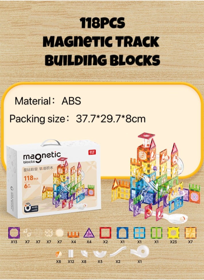 118PCS Magnetic Tiles Magnetic Building Blocks, 3D Magnetic Track blocks Run Tiles Learning Stacking Educational Building Blocks Set,Vibrant 3D Blocks,Early Educational Building Toys Set，Star Diamond Color Window Track Building Blocks