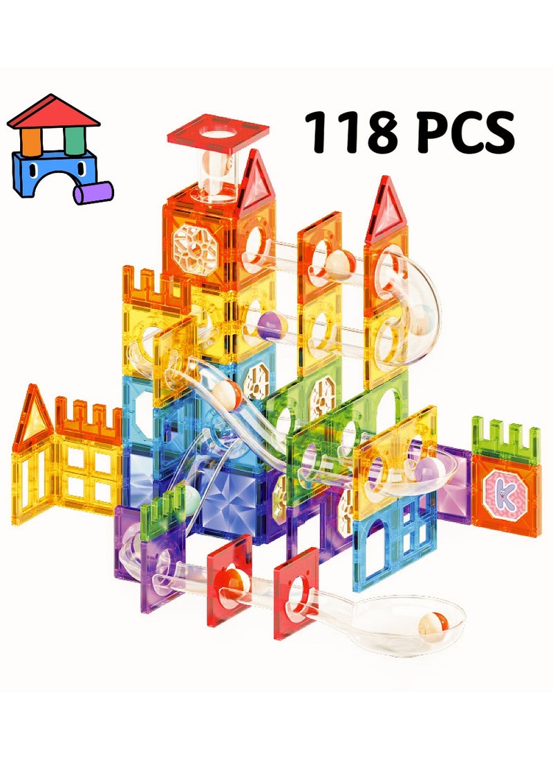 118PCS Magnetic Tiles Magnetic Building Blocks, 3D Magnetic Track blocks Run Tiles Learning Stacking Educational Building Blocks Set,Vibrant 3D Blocks,Early Educational Building Toys Set，Star Diamond Color Window Track Building Blocks