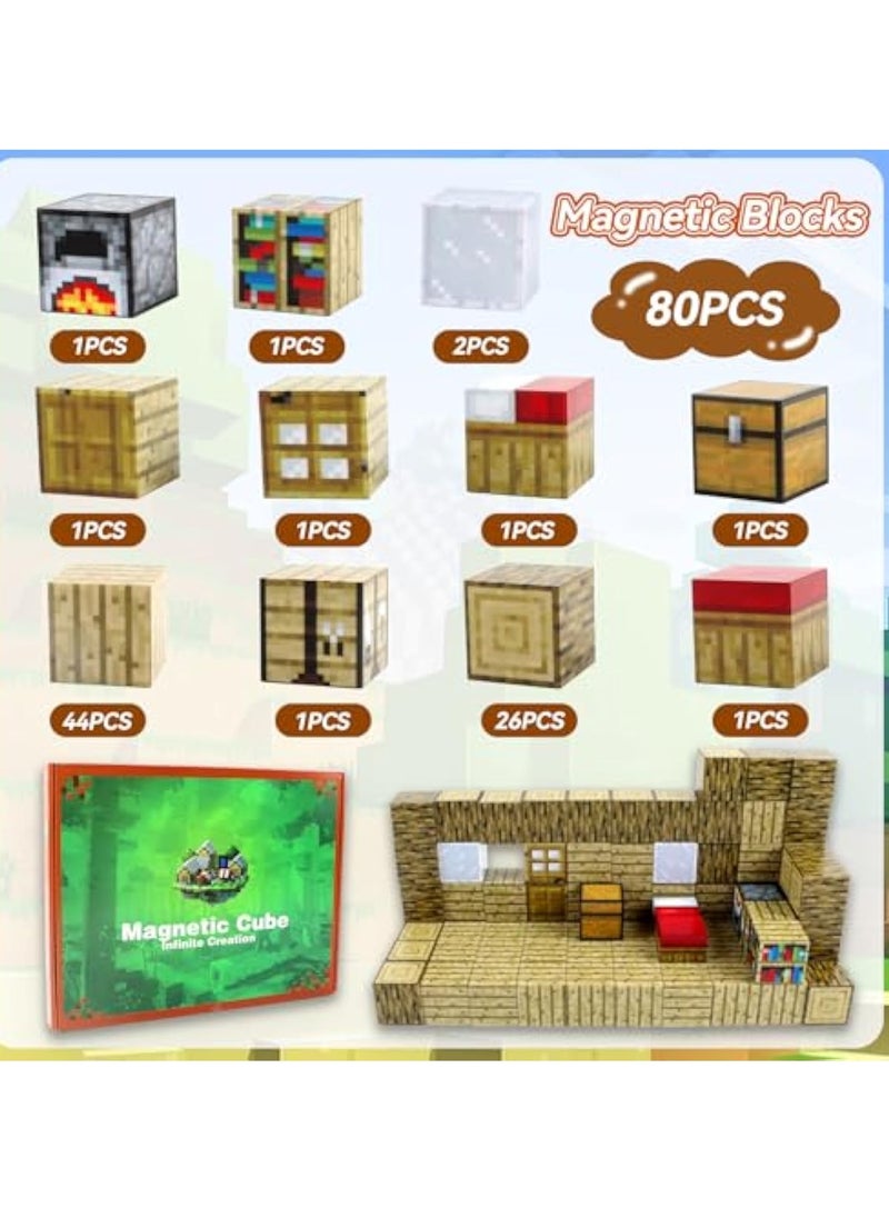 80PCS Magnetic Blocks, Build Mine Magnet World Set, Magnetic Blocks Building, Magnetic Tiles, Magnetic Construction Cube Toys, Buildable Game Elements Gifts, STEM Montessori Sensory Toys for Toddlers