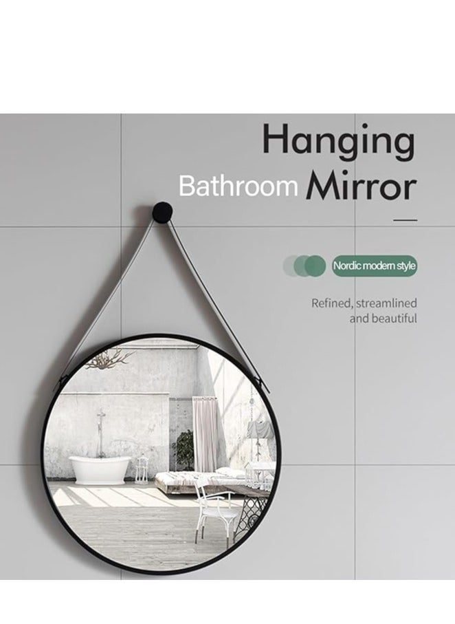 Hanging Round Black Wall Mirror – 60x60cm Circle Mirror with Leather Strap, Adjustable Design for Makeup Vanity, Dressing Room, and Bathroom Wall Decor